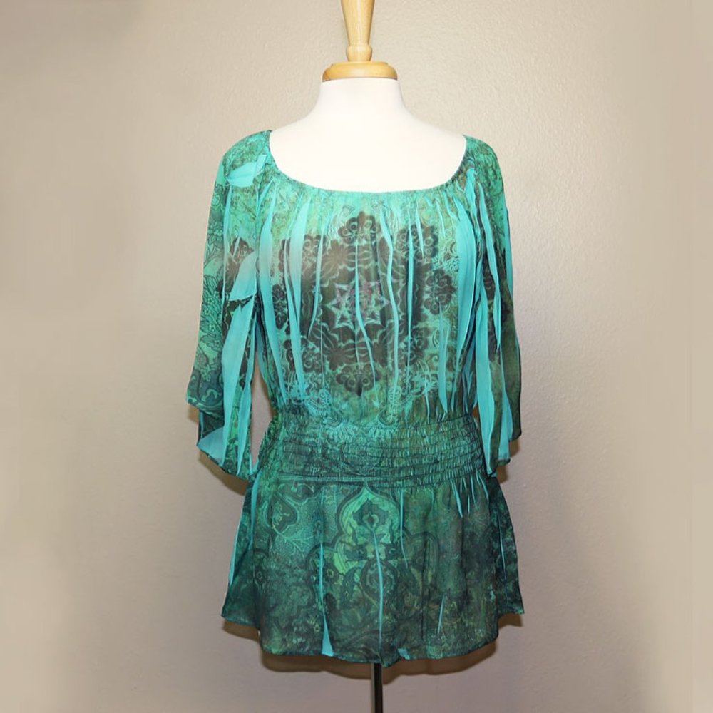 Cato Teal Sublimation Print Shirred Waist Top